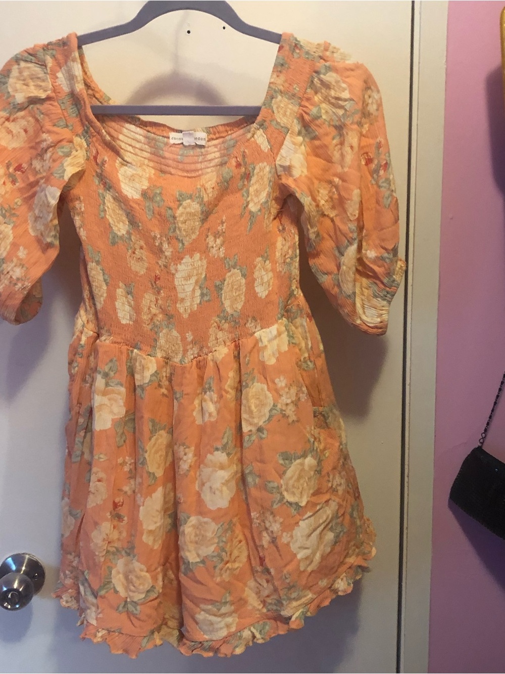 Floral Orange Women’s Dress with Puff Sleeves